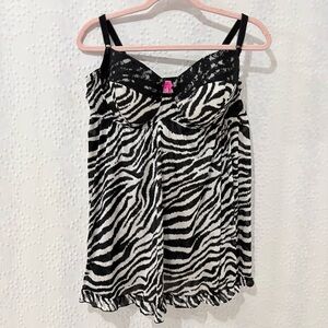 Zebra Print Babydoll Chemise Lace Trim Ruffle Hem Y2K Coquette Lingerie 42D